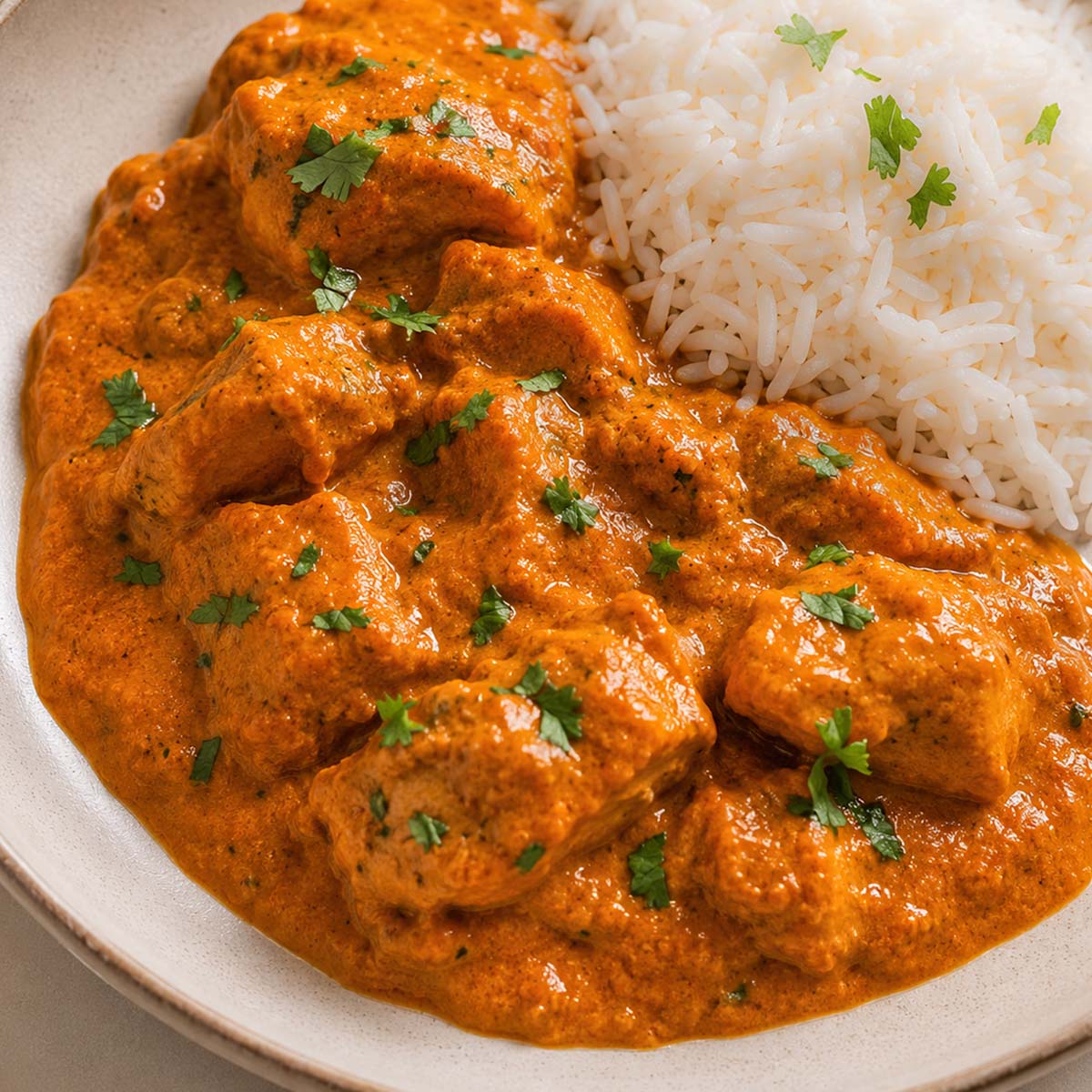 Easy homemade butter chicken served with fluffy white rice and a creamy spiced tomato curry sauce topped with fresh herbs