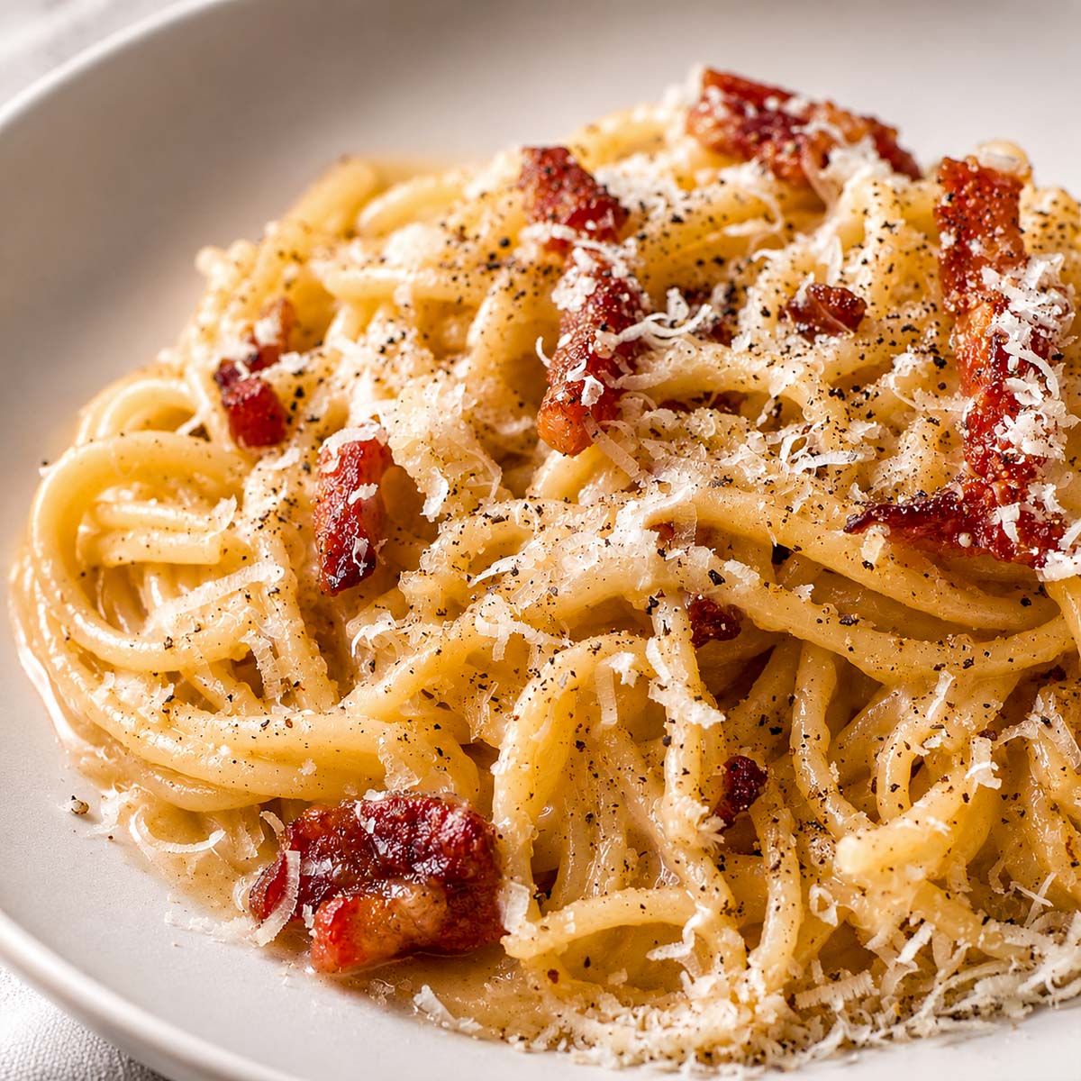 close up creamy spaghetti carbonara topped with crispy pancetta, grated parmesan cheese, and black pepper