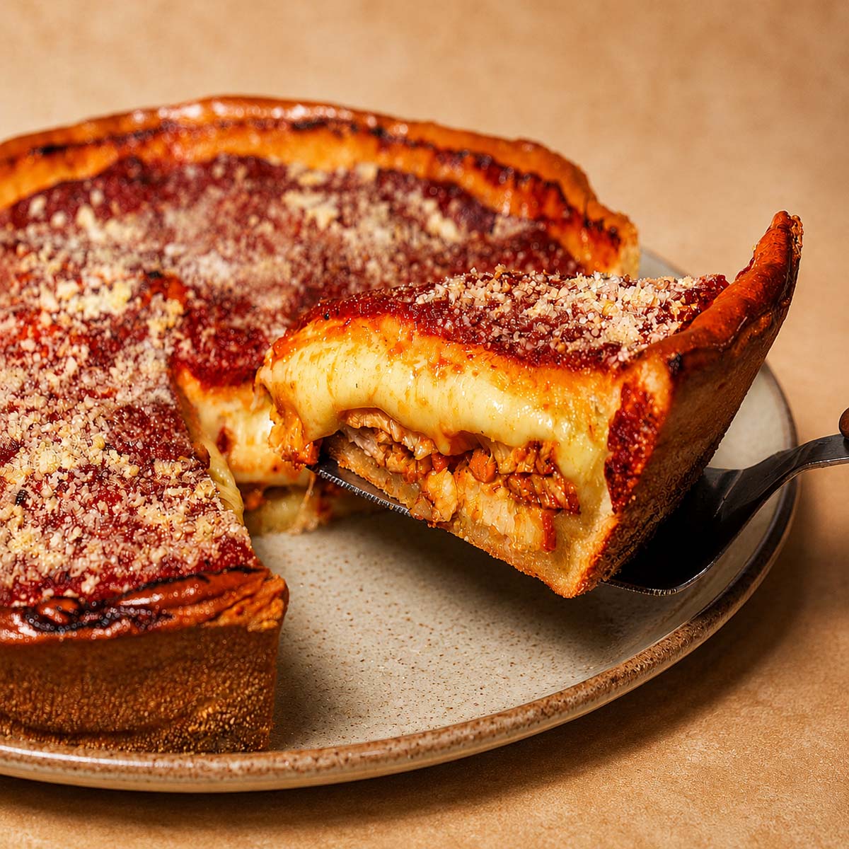 Chicago Style Deep Dish Pizza with thick golden crust, melted cheese, and a slice lifted on a spatula