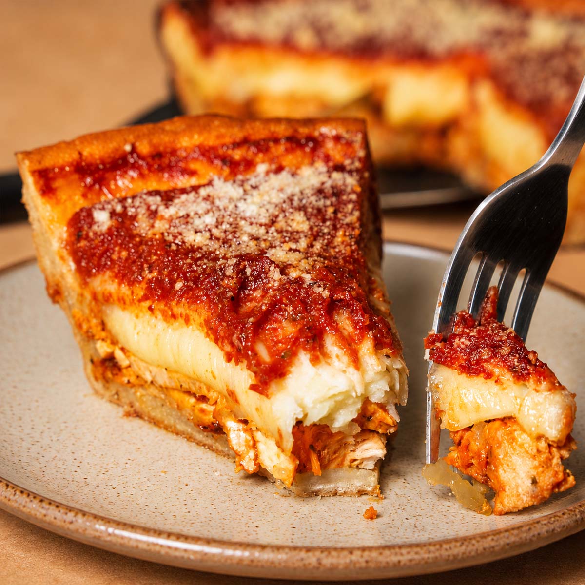 Chicago Style Deep Dish Pizza slice with melted cheese, tomato sauce, and a fork holding a cheesy bite