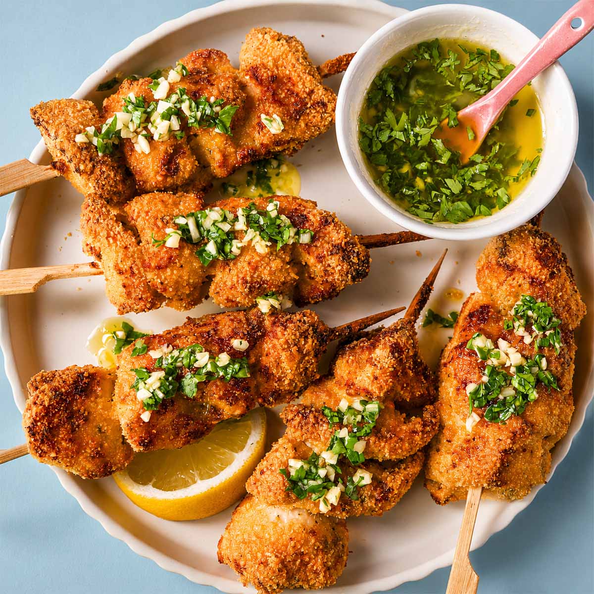 Crispy lemon garlic butter chicken spiedini skewers with Parmesan breadcrumb coating, topped with garlic and parsley, served with lemon wedges and garlic butter sauce.