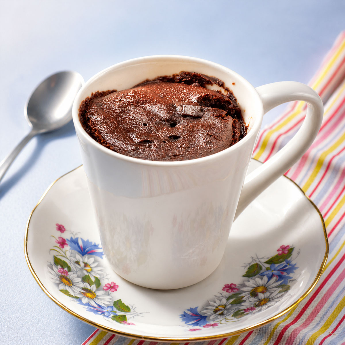 Chocolate mug cake in a white ceramic mug served on a floral saucer with a soft chocolate center