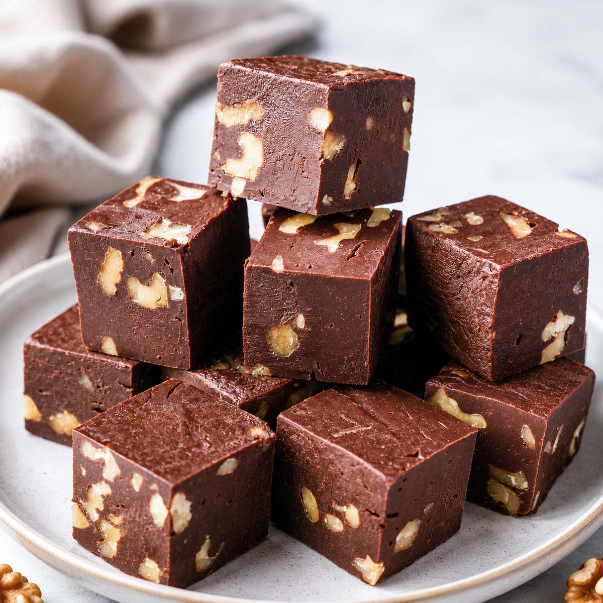 Chocolate walnut fudge cubes stacked on a white plate with a creamy smooth texture and crunchy walnuts inside