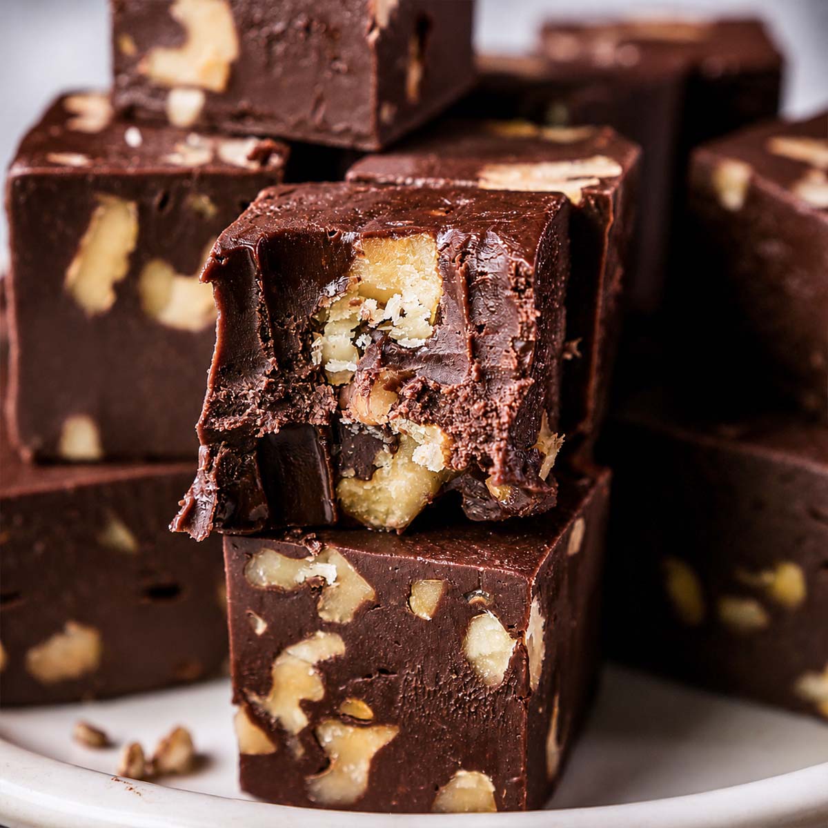Bitten chocolate walnut fudge cube showing the rich creamy center with crunchy walnut pieces inside stacked fudge squares
