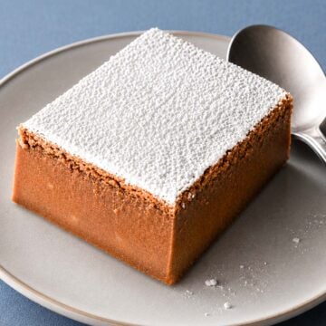 closeup Coffee magic cake slice dusted with powdered sugar on a matte ceramic plate