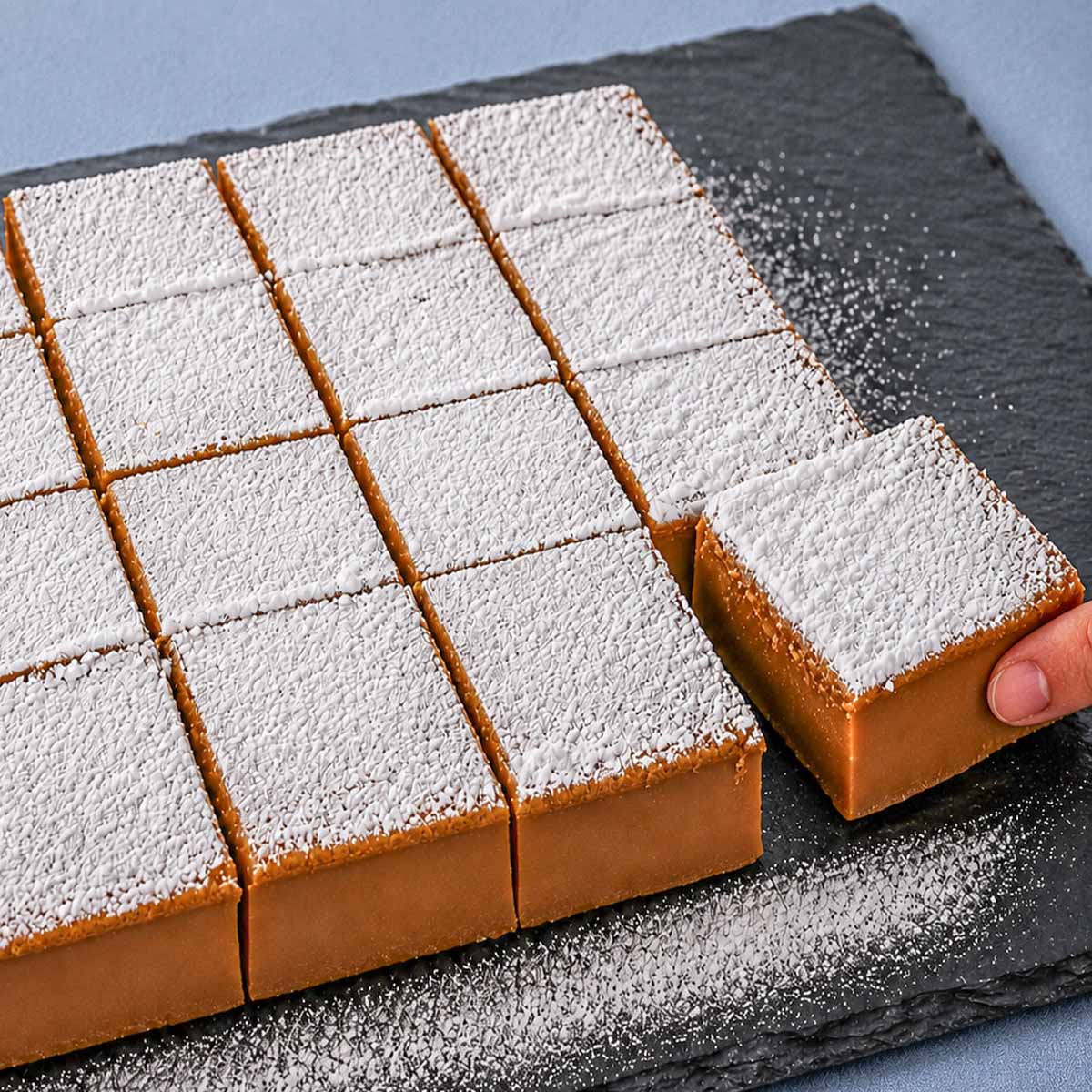 Coffee magic cake squares dusted with powdered sugar on a black slate board