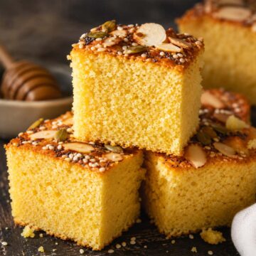 Moist cornbread squares topped with sliced almonds, pumpkin seeds, and poppy seeds