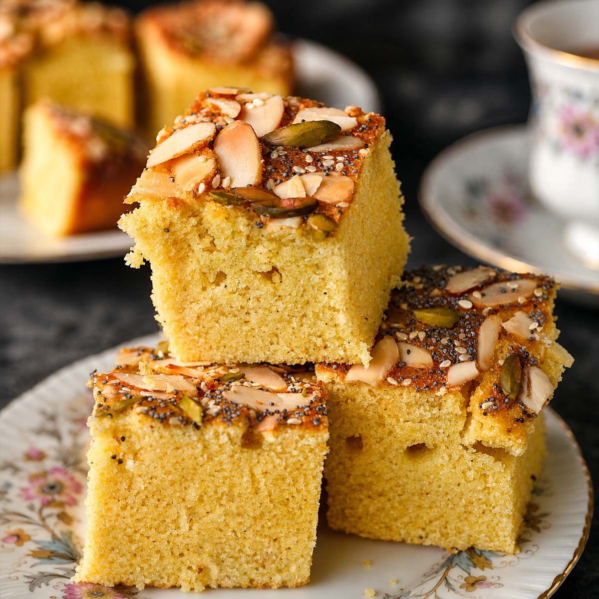 Moist cornbread topped with sliced almonds, pumpkin seeds, and poppy seeds