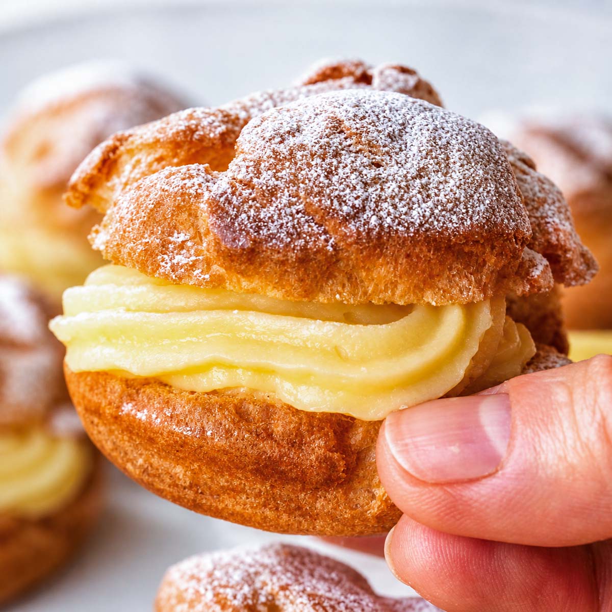 Easy cream puff filled with smooth vanilla custard, dusted with powdered sugar and held by hand