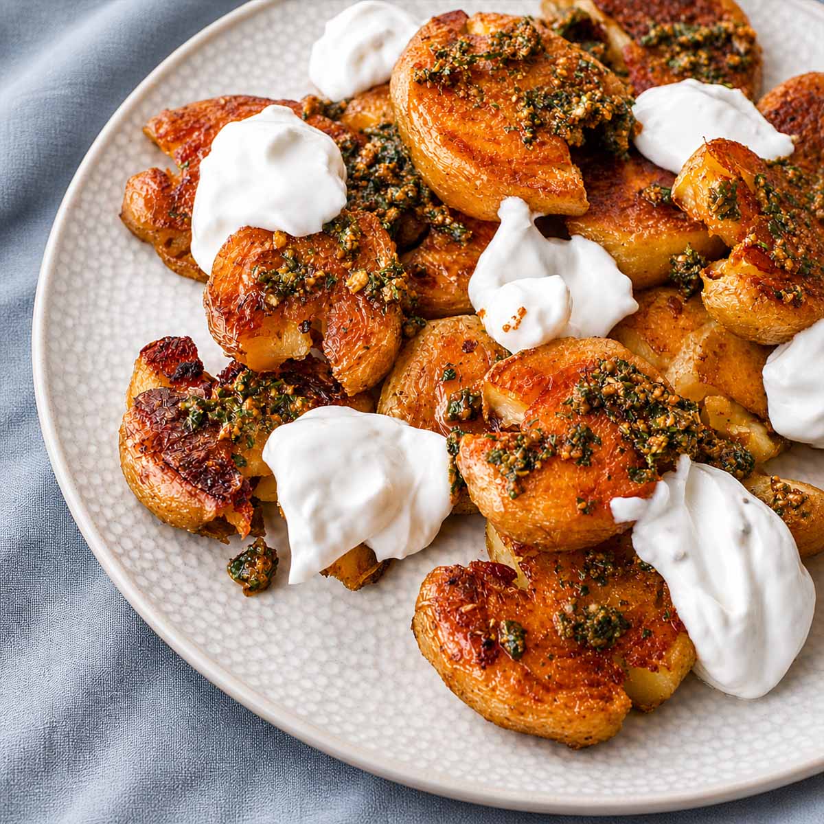 Easy crispy smashed potatoes topped with garlic-chili sauce and creamy mayonnaise on a plate
