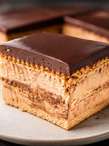 Editorial-style dulce de leche eclair cake with creamy caramel layers, tea biscuits, and glossy chocolate ganache