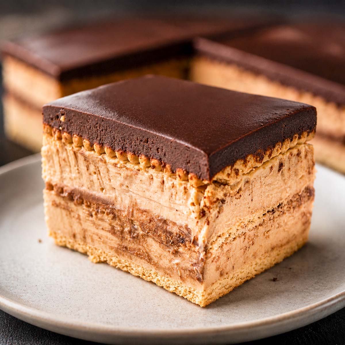 Editorial-style dulce de leche eclair cake with creamy caramel layers, tea biscuits, and glossy chocolate ganache
