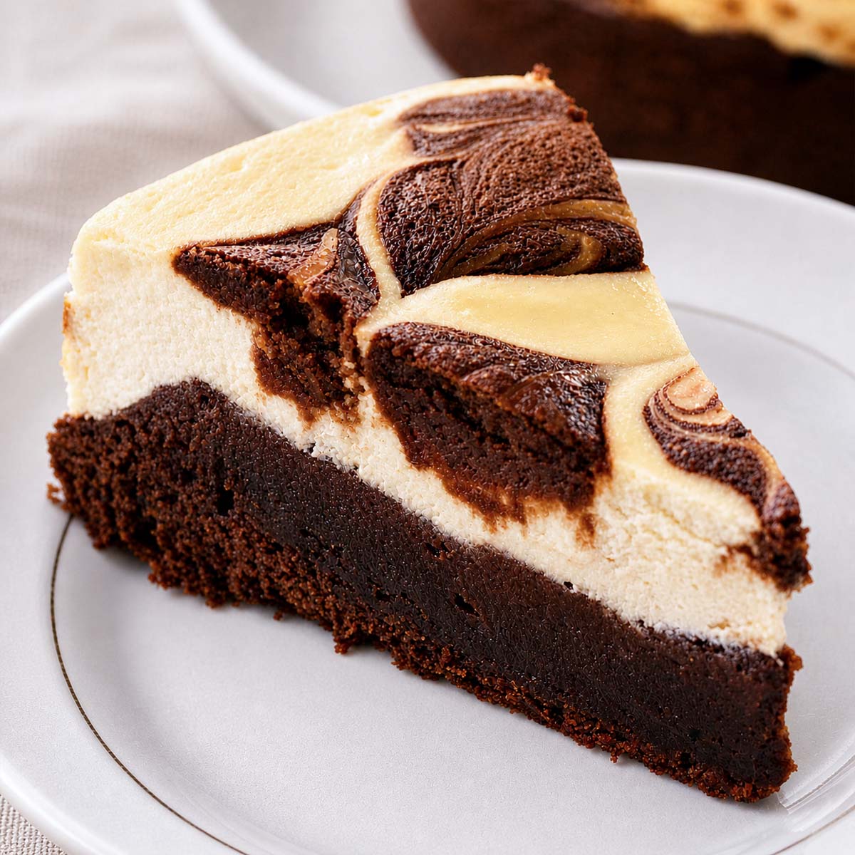 Easy Fudgy Cream Cheese Brownies slice with marbled cheesecake topping and dense brownie base on a white plate