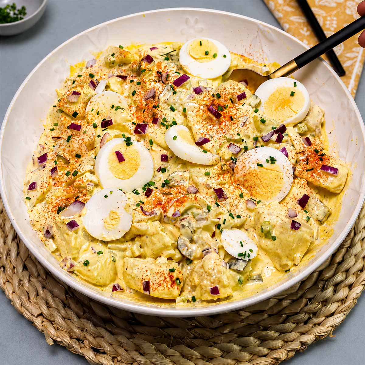 Creamy egg potato salad in a white serving bowl topped with sliced boiled eggs, paprika, red onion, and fresh chives.