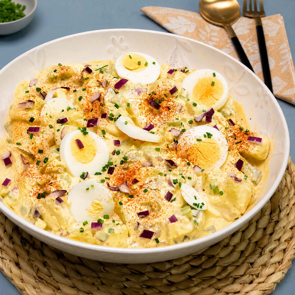 Classic egg potato salad served in a white bowl with creamy potatoes, sliced hard-boiled eggs, red onion, paprika, and fresh chives.