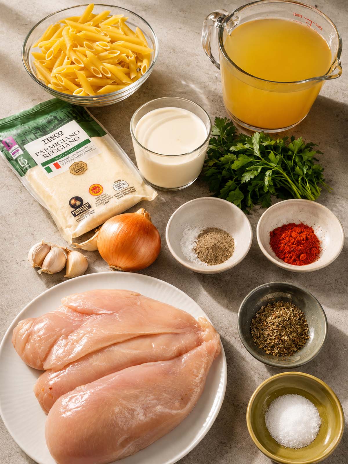 one pan garlic parmesan chicken pasta ingredients
