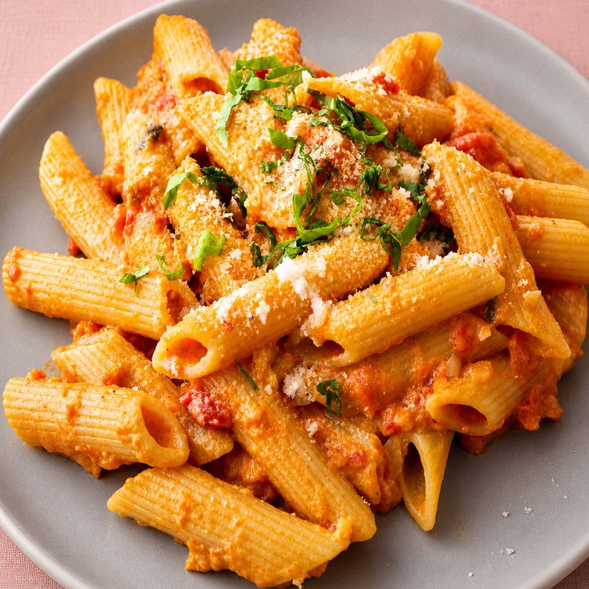 Close up Gigi Hadid pasta served on a gray plate with creamy tomato sauce, rigatoni, grated cheese, and fresh herbs