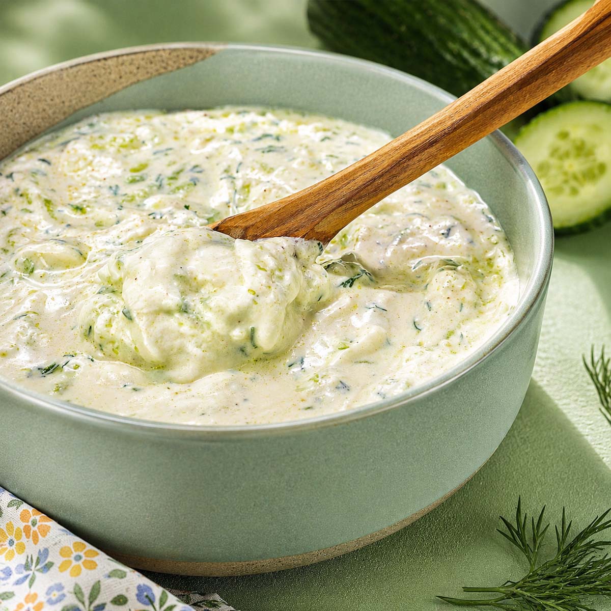 Creamy homemade tzatziki sauce in a sage green bowl with fresh cucumber, dill