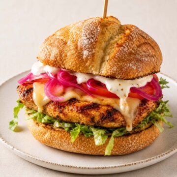 Grilled chicken sandwich with melted cheese, pickled onions, lettuce, and tomato on toasted ciabatta bread served on a white plate.
