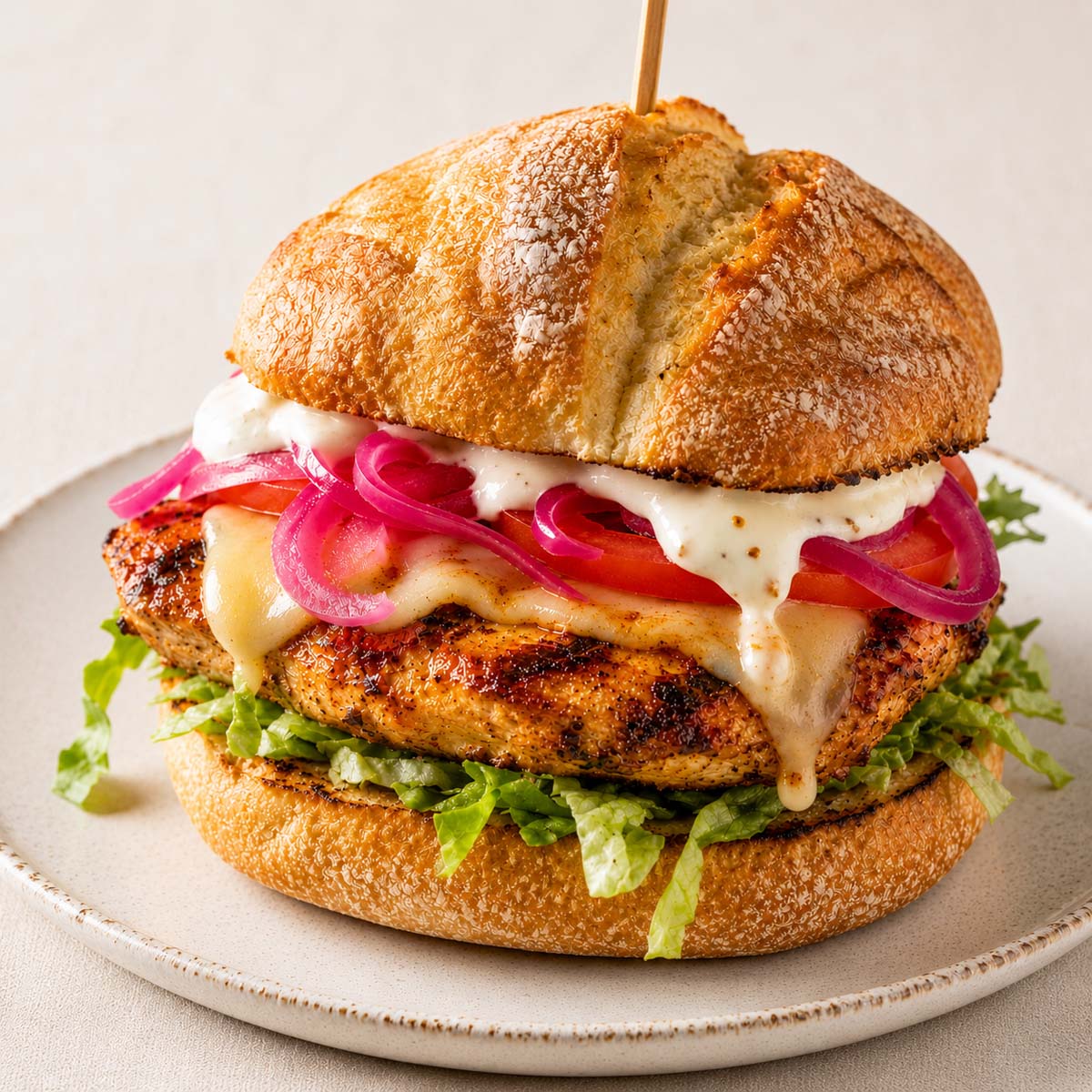 Grilled chicken sandwich with melted cheese, pickled onions, lettuce, and tomato on toasted ciabatta bread served on a white plate.