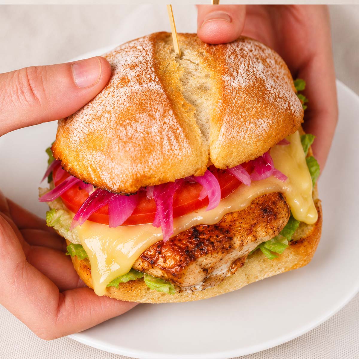 Hands holding a grilled chicken sandwich with melted cheese, pickled onions, lettuce, and tomato on toasted ciabatta bread over a white plate.