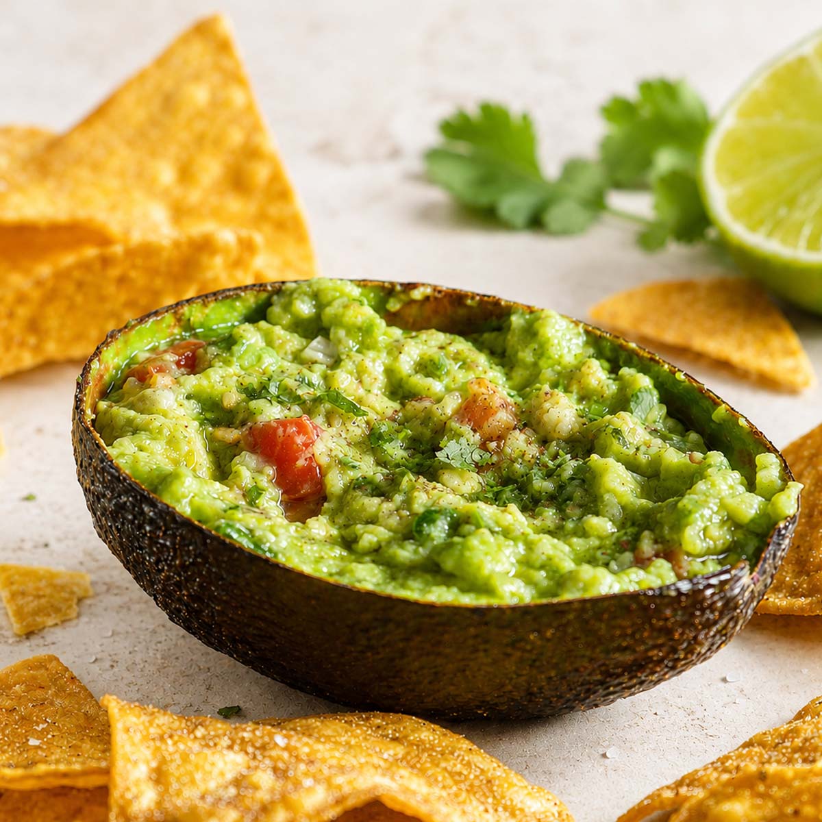 Easy Homemade Guacamole Recipe served in avocado shells with crispy tortilla chips