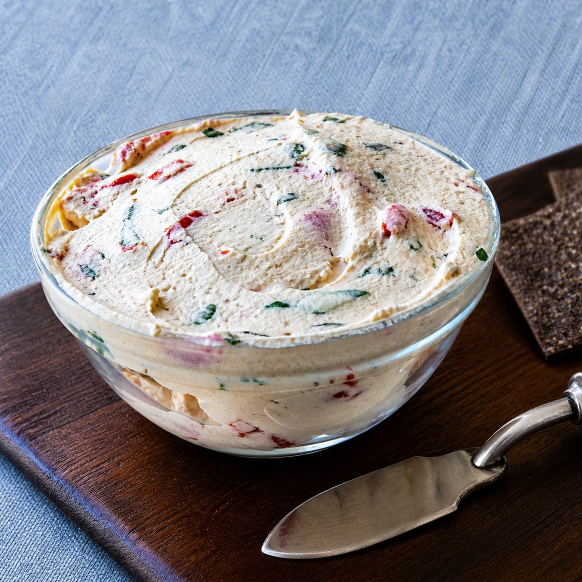 homemade labneh in a glass bowl with herbs and roasted red pepper, served on a wooden board with crackers and a spreader knife