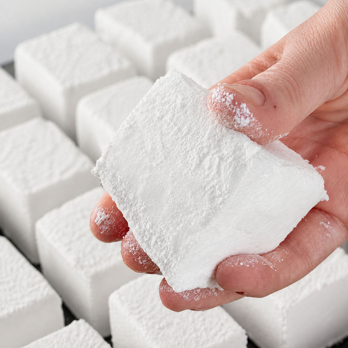 Homemade marshmallows dusted with powdered sugar, held in hand to show their soft, fluffy texture