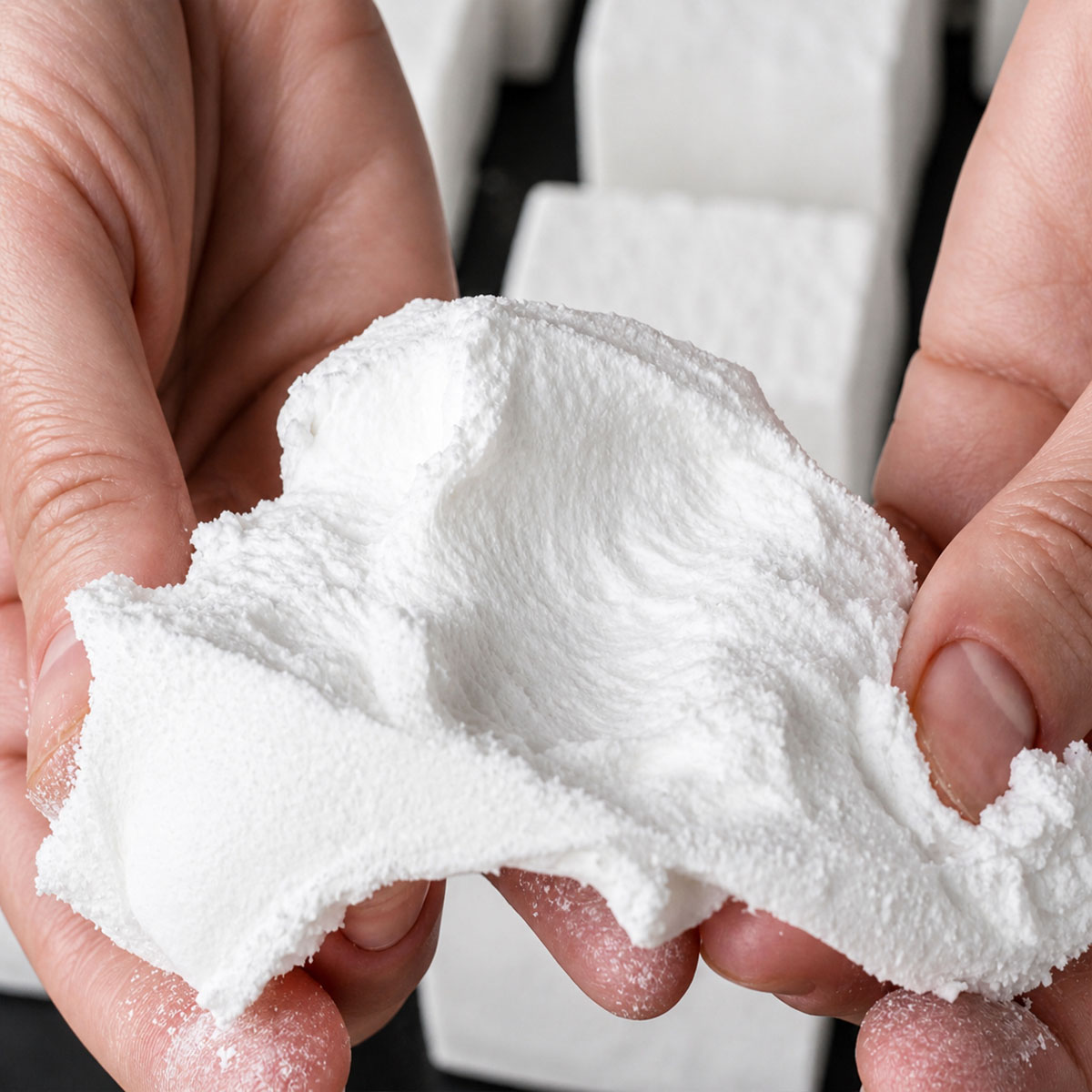 Homemade marshmallows torn open by hand to reveal their soft, airy, fluffy texture