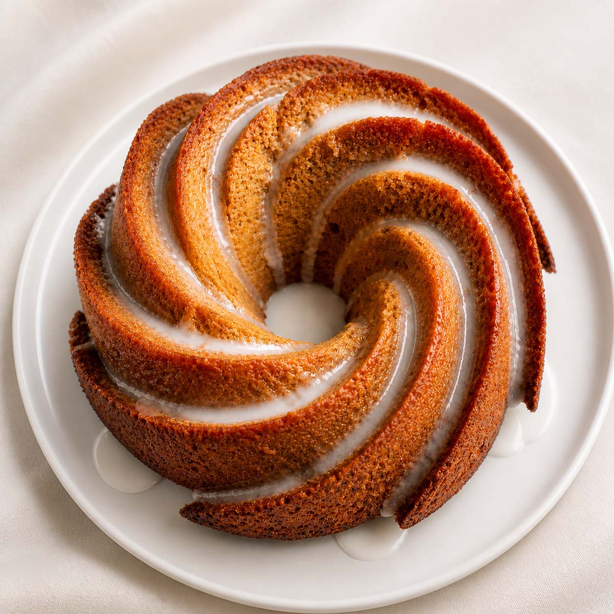 Easy lemon Bundt cake with glaze on a white plate, soft moist texture and golden crust