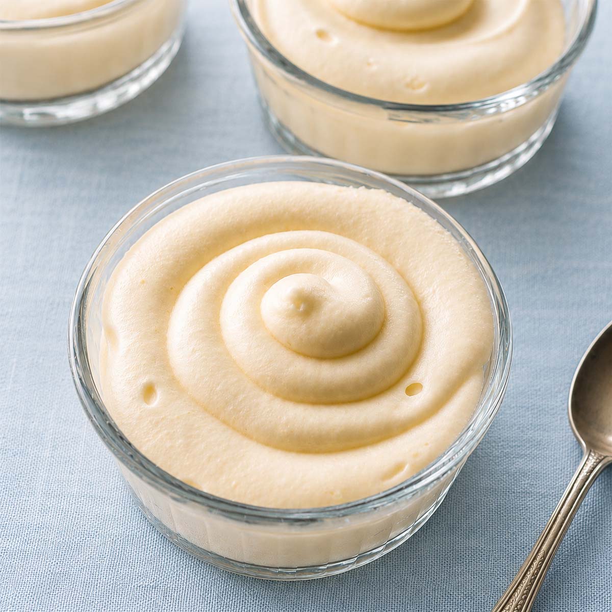 Lemon curd mousse in a glass with a smooth swirled top, ready to serve chilled