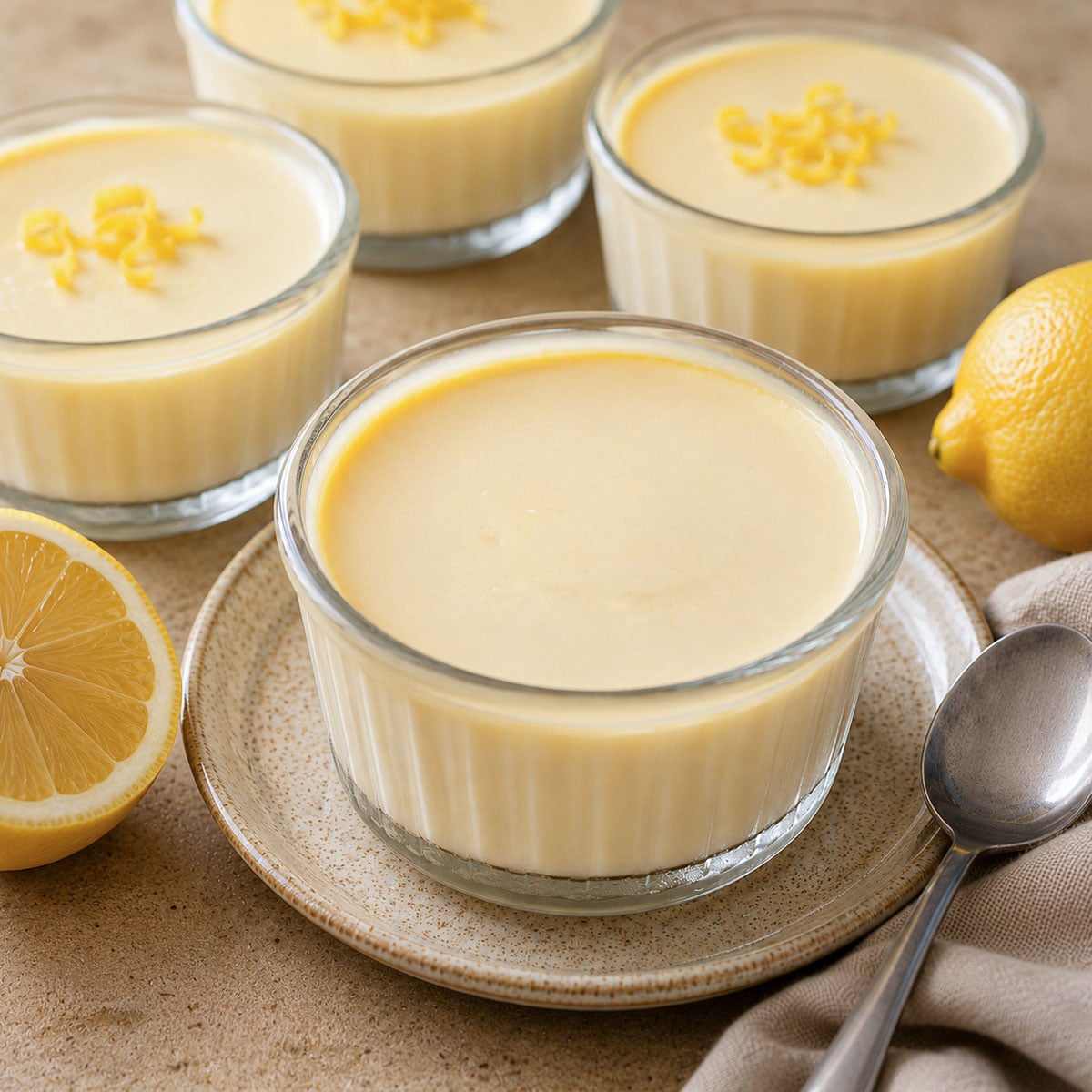 Lemon posset recipe served in glass ramekins with fresh lemon zest