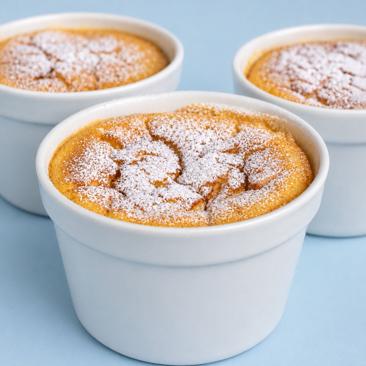 Lemon pudding cake in a white ramekin dusted with powdered sugar, showing the golden sponge top and creamy pudding layer.