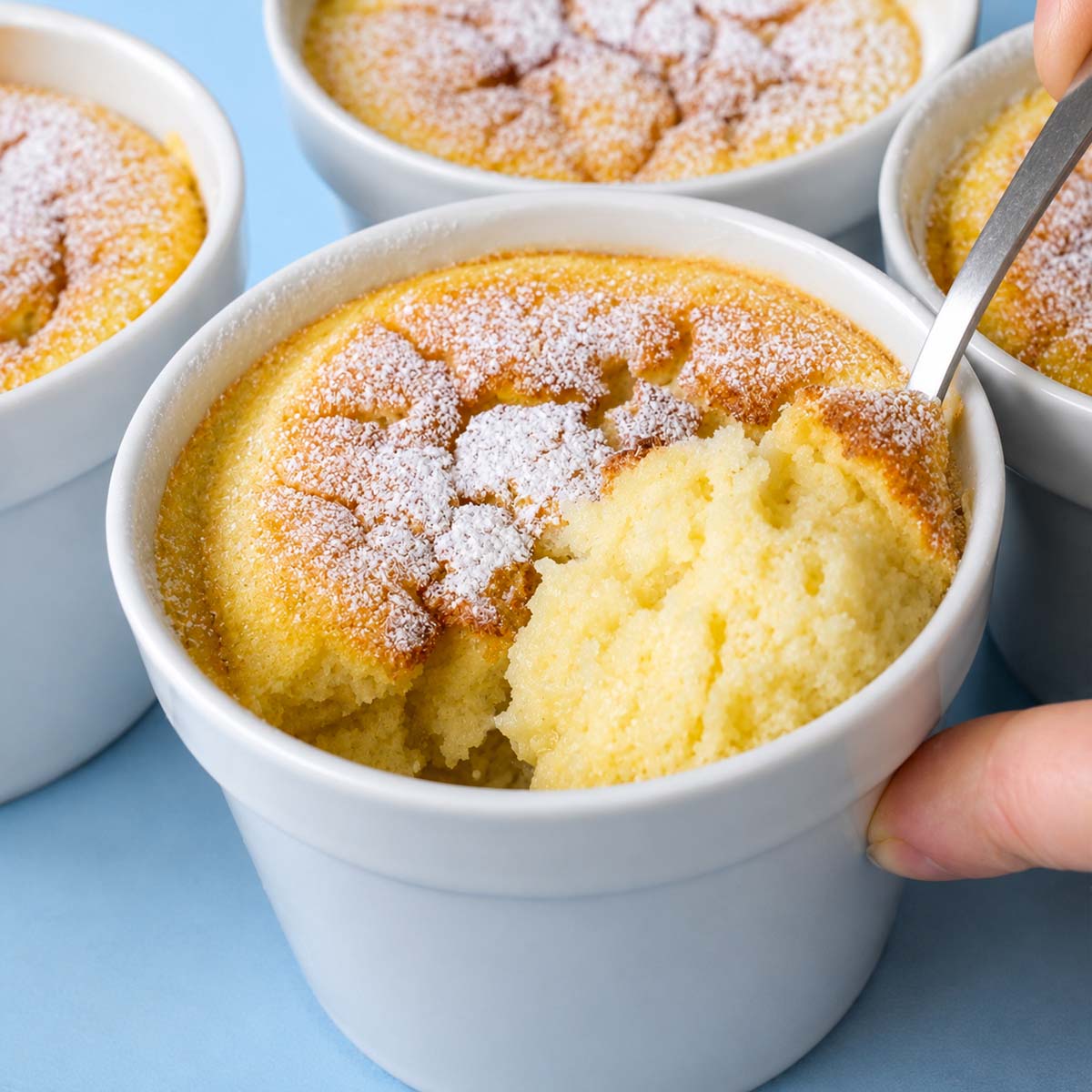 Lemon pudding cake in a white ramekin dusted with powdered sugar, showing the golden sponge top and creamy pudding layer as a spoon scoops in.