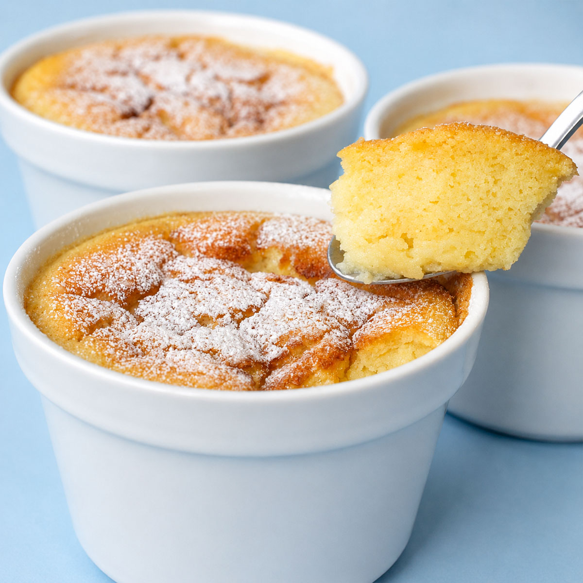 Close-up of lemon pudding cake in a white ramekin, dusted with powdered sugar, with a spoon breaking into the soft lemon sponge to reveal the creamy pudding layer.
