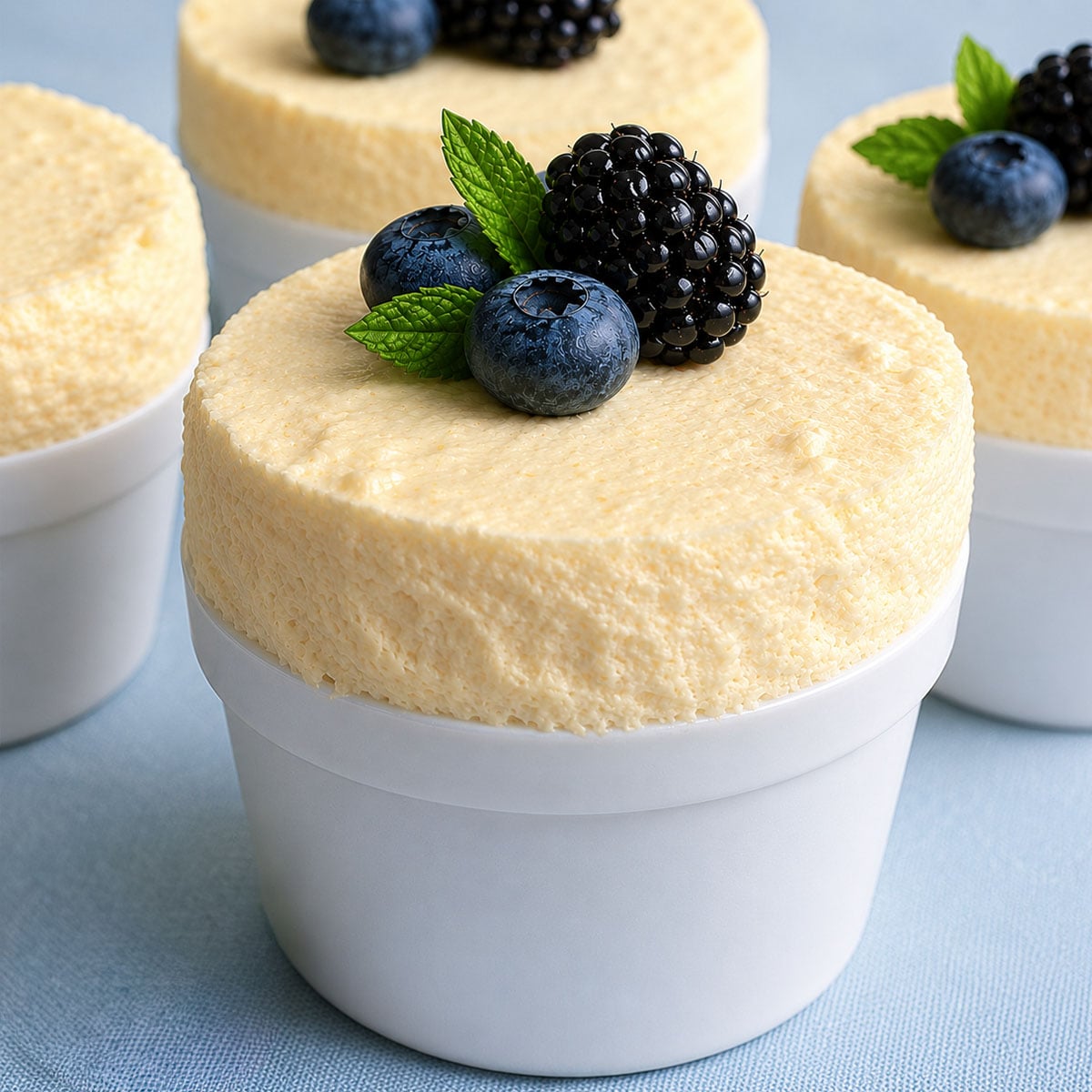 Chilled lemon soufflé in white ramekins topped with fresh blueberries and blackberries