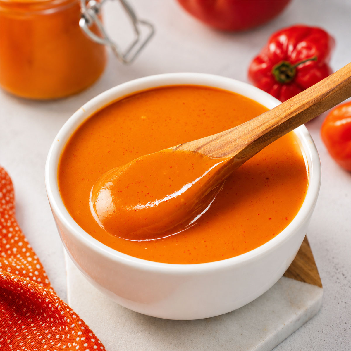 Creamy mango habanero sauce in a white bowl with a wooden spoon,