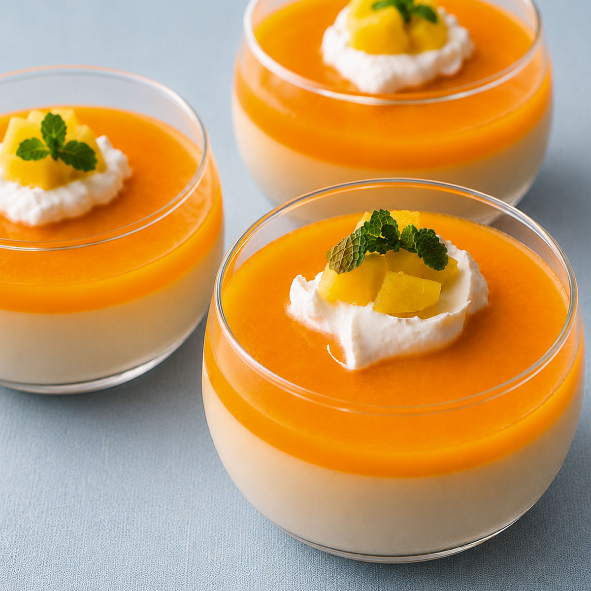 No-bake mango pudding with condensed milk topped with whipped cream, fresh mango pieces, and mint