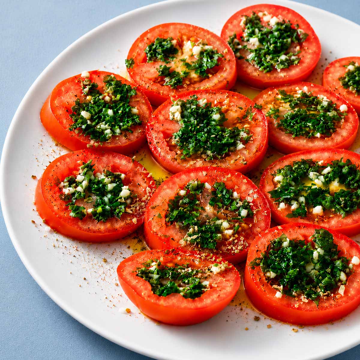 Marinated tomatoes topped with garlic, parsley, olive oil, and oregano