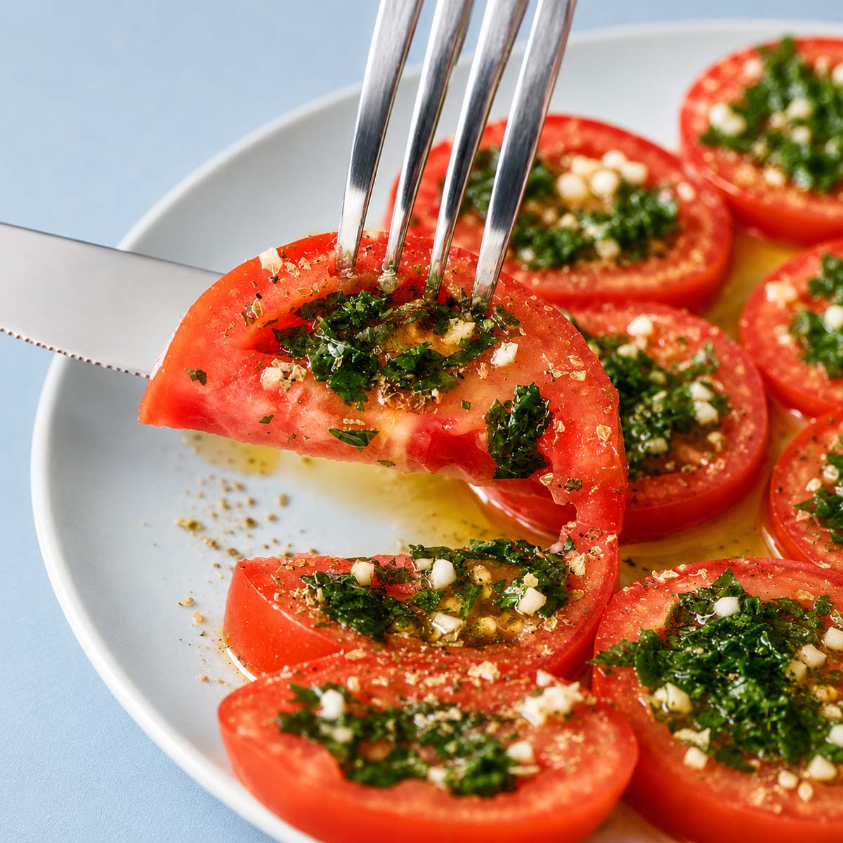 Close up marinated tomatoes topped with garlic, parsley, olive oil, and oregano