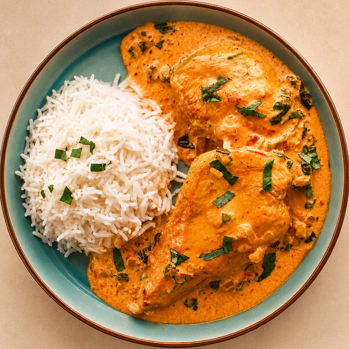 Creamy Marry Me Chicken served with fluffy white rice in a blue ceramic bowl with rich parmesan sun-dried tomato sauce and fresh basil garnish