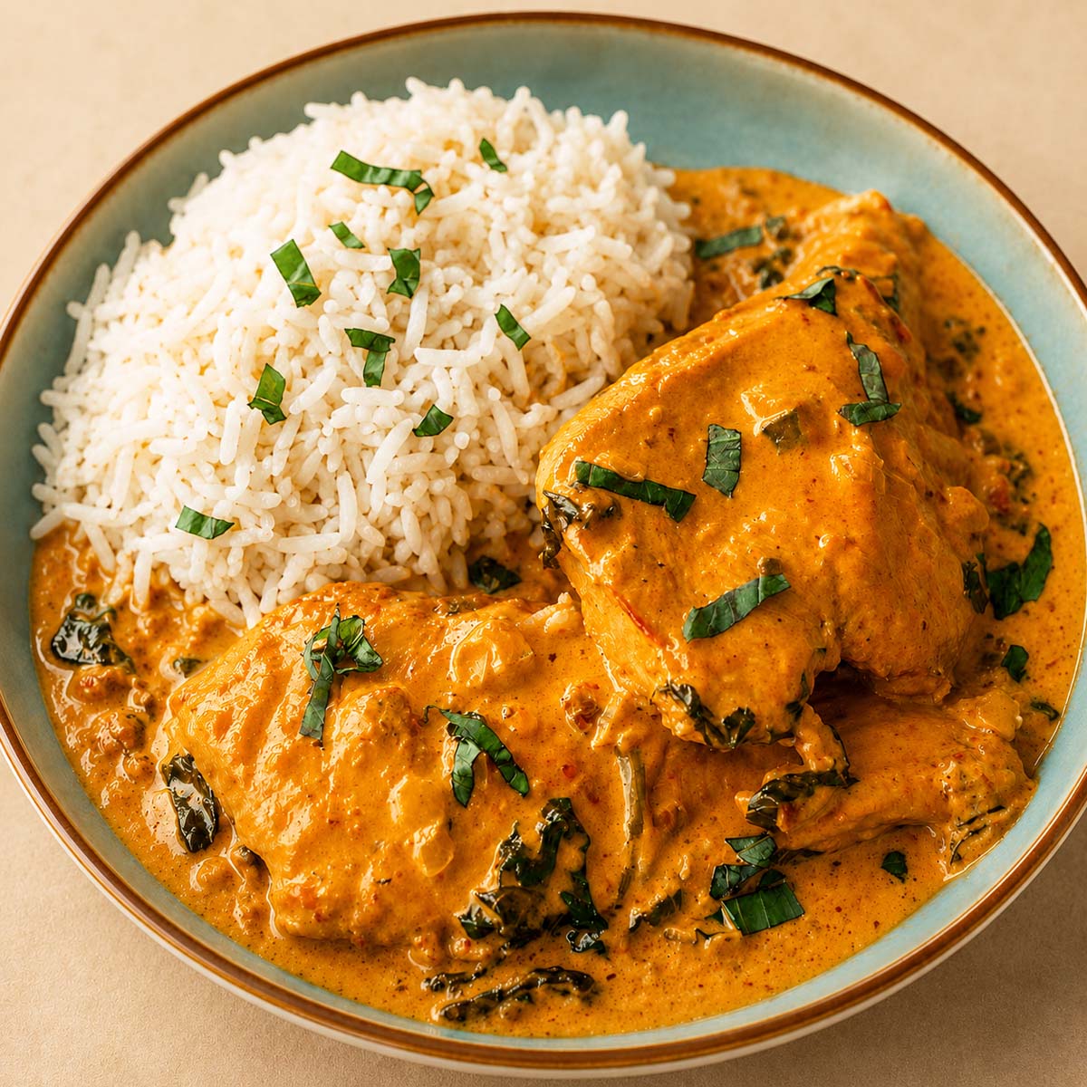 Close up Creamy Marry Me Chicken served with fluffy white rice in a blue ceramic bowl with rich parmesan sun-dried tomato sauce and fresh basil garnish