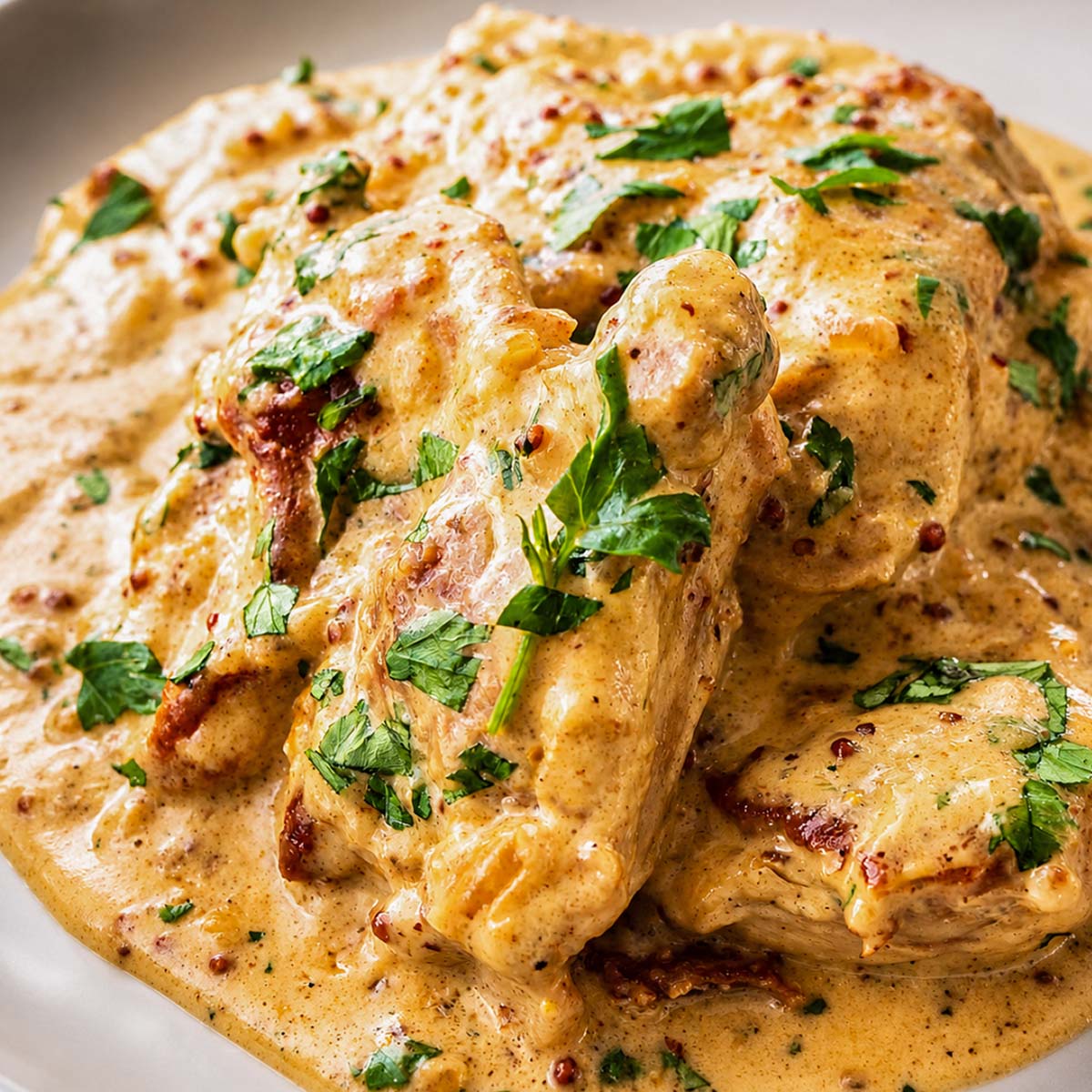 Close up Creamy mustard chicken served on a plate with a rich garlic mustard sauce and fresh parsley garnish