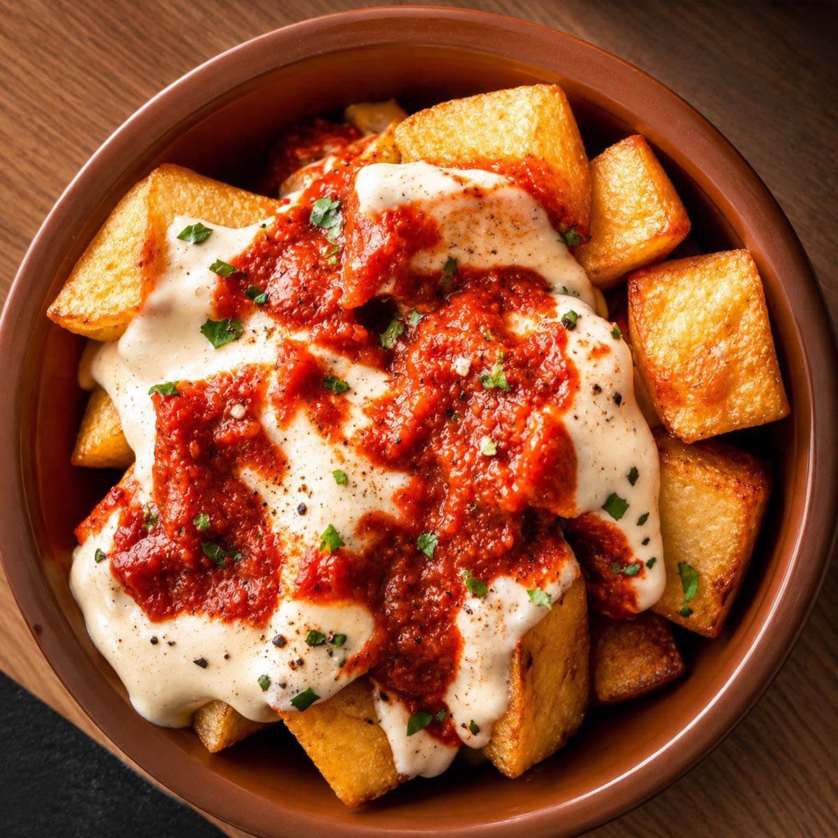 Golden crispy patatas bravas topped with creamy allioli and smoky Spanish brava sauce in a rustic ceramic bowl.
