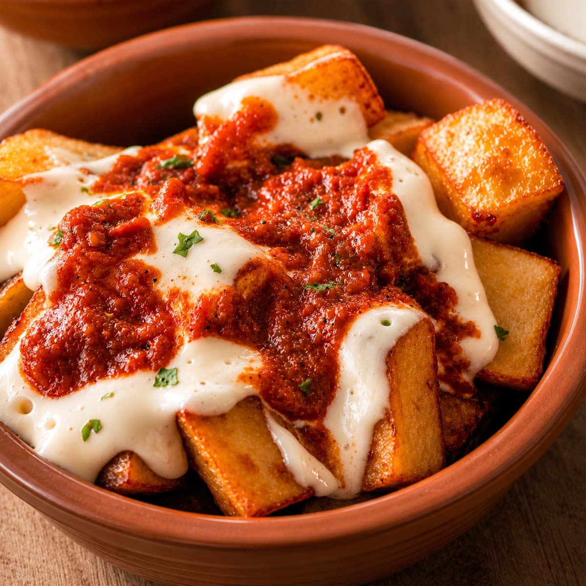 Close up golden crispy patatas bravas topped with creamy allioli and smoky Spanish brava sauce in a rustic ceramic bowl.