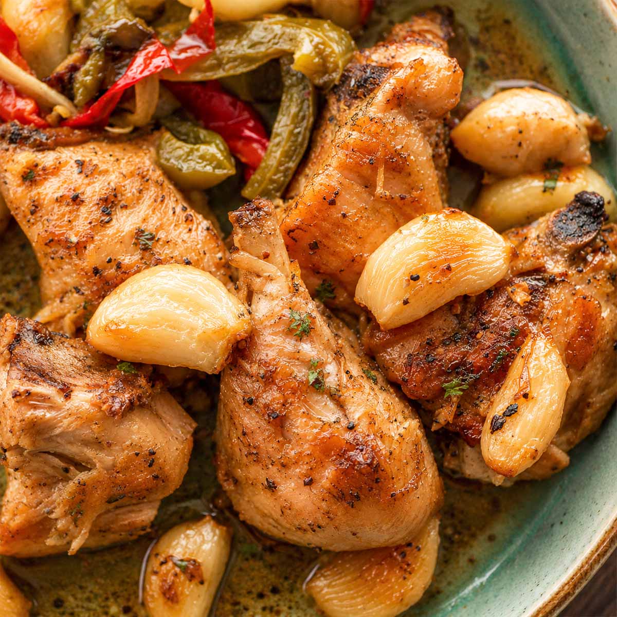 Authentic Pollo al Ajillo Recipe (Spanish Garlic Chicken) served with peppers, and potatoes