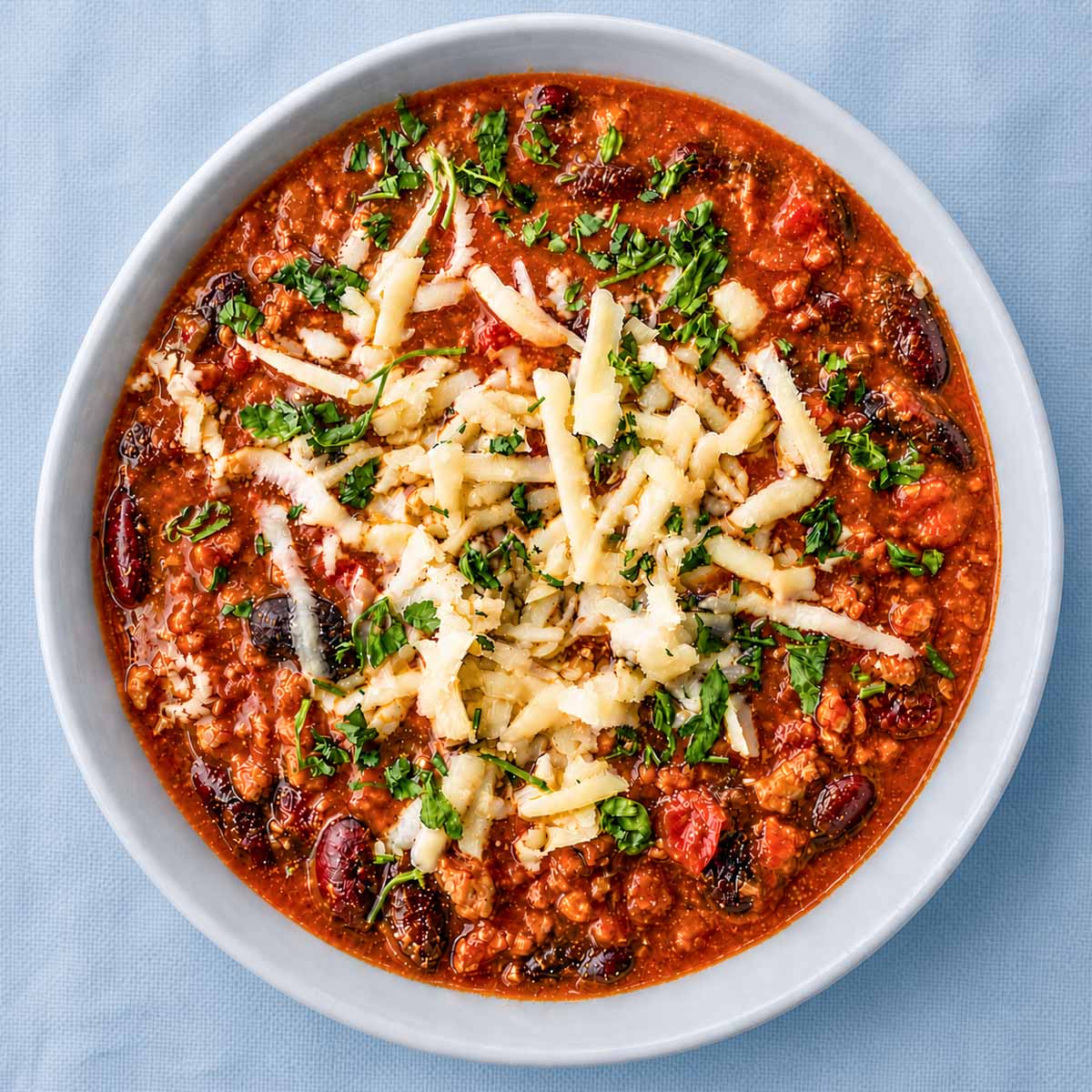easy pork chili recipe with beans topped with grated cheese and fresh herbs in a white bowl