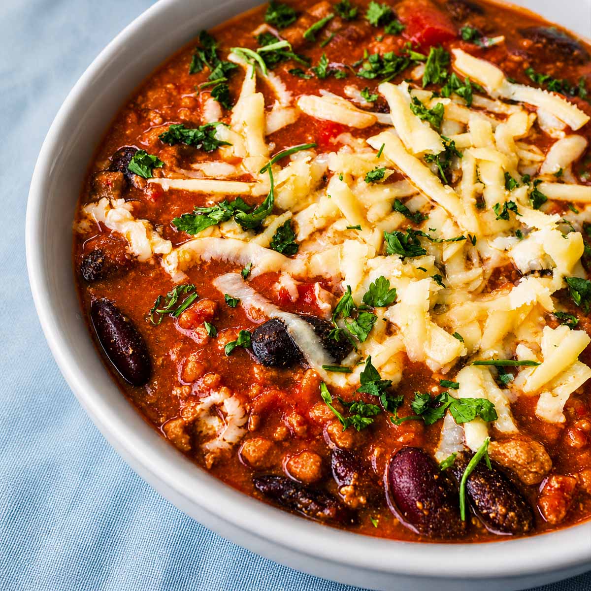 easy pork chili with kidney beans, grated cheese, and fresh herbs served in a white bowl