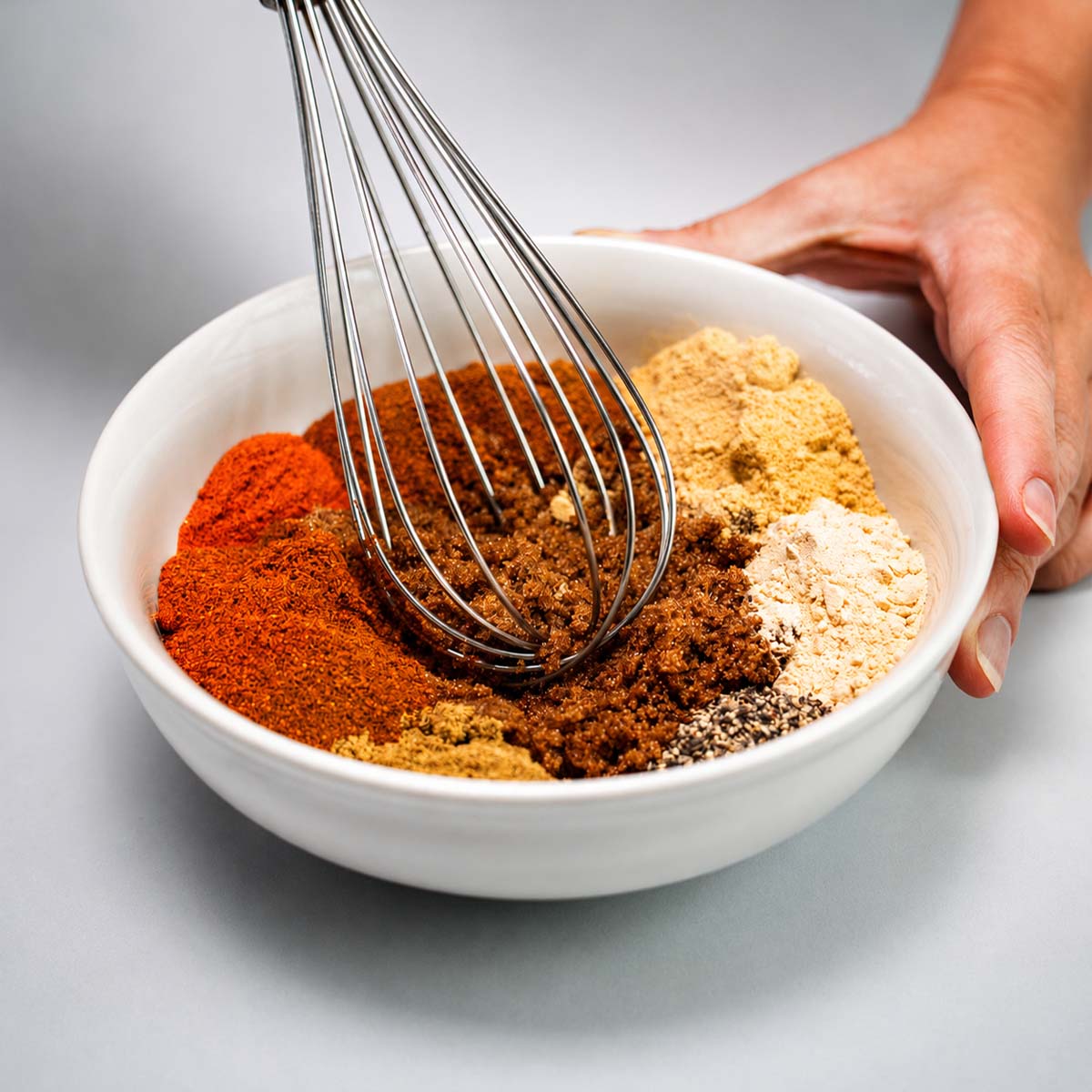 whisk mixing Ingredients for pork chop seasoning in a white bowl with paprika, brown sugar, garlic powder, and spices