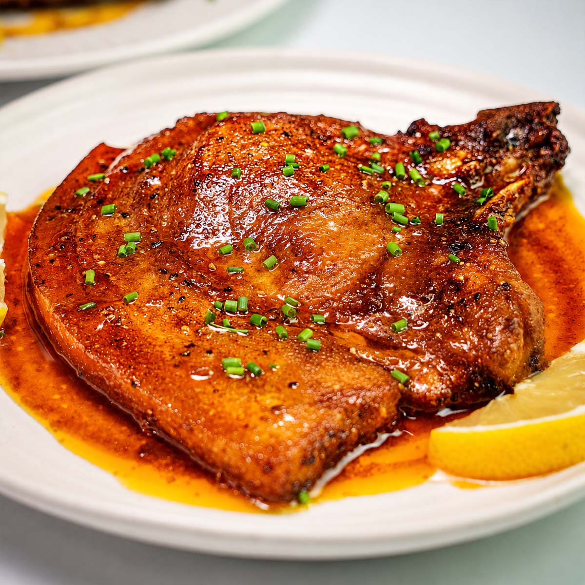 Close up Juicy Baked Pork Loin Chops served with lemon wedges and rich buttery pan sauce on a white plate